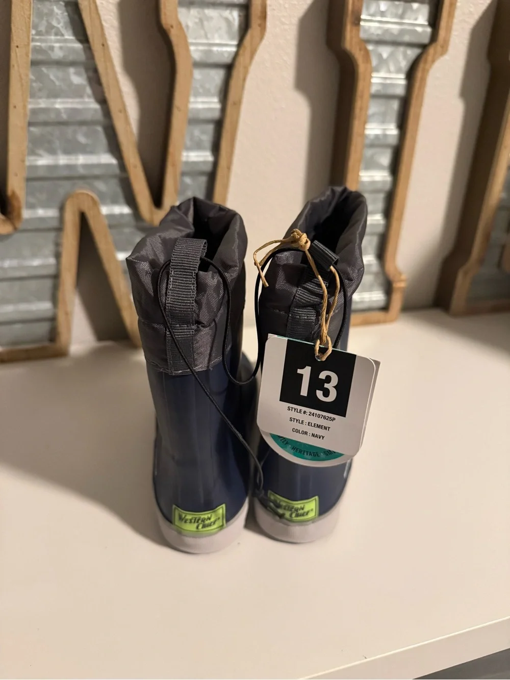 Western Chief Kids Waterproof Navy Rain Boots with Gray Cuff NWT
